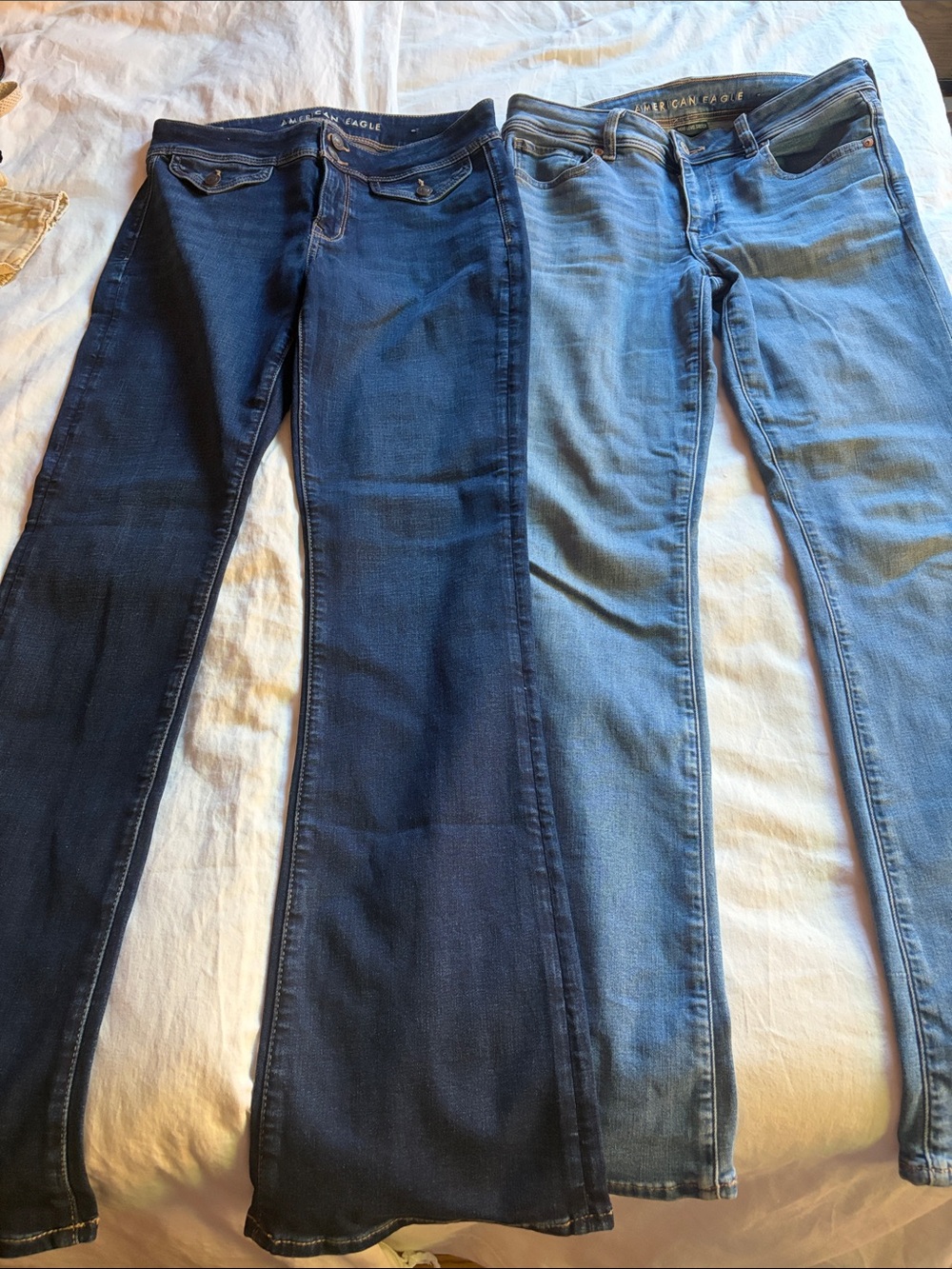 American Eagle Outfitters Two-Pair Flare Jeans in Dark and Light Blue Washes